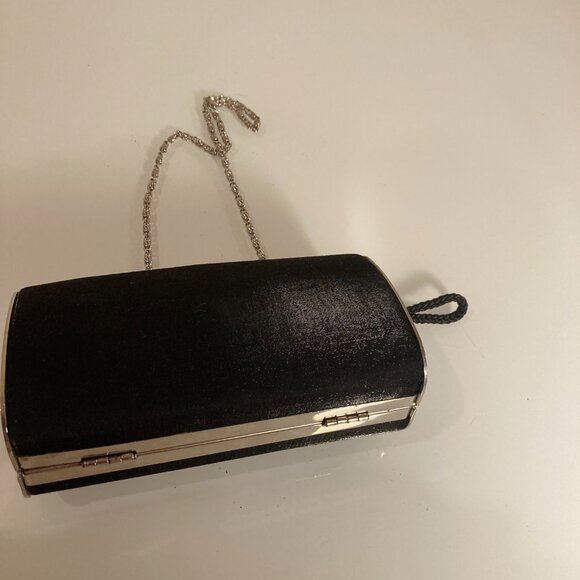 Black Satin Glitter Box Clutch Purse , Silver Diamante Crystal Clasp - Picture 10 of 12